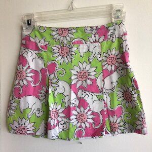 LILLY PULITZER Floral Sun Cat Print Pleated Cotton Lined Skirt 8